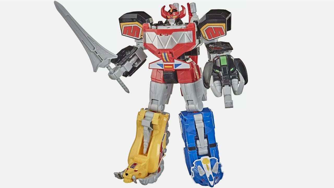 Mighty Morphin Power Rangers Megazord toy, combined from five Dinozords, holding silver sword, colorful robot design with animal-themed limbs