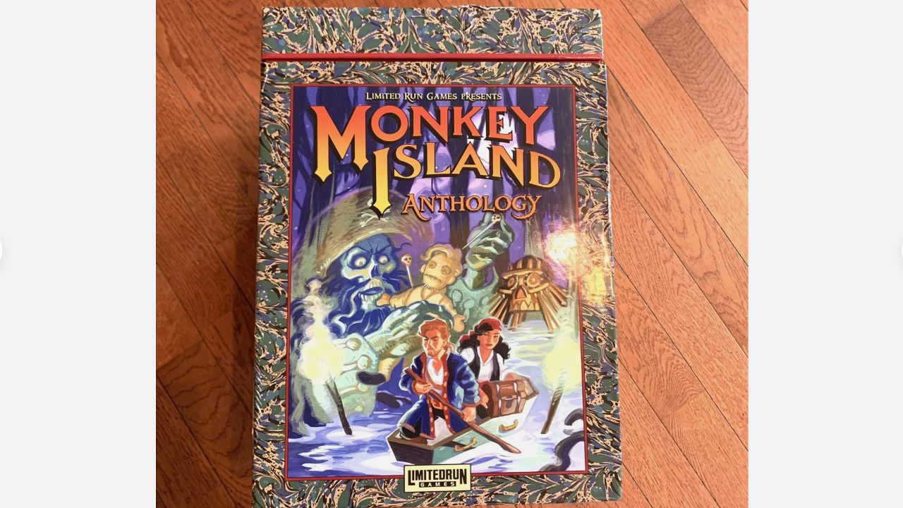 Monkey Island Anthology box set, colorful illustrated cover, pirate theme, Limited Run Games branding, wood floor background