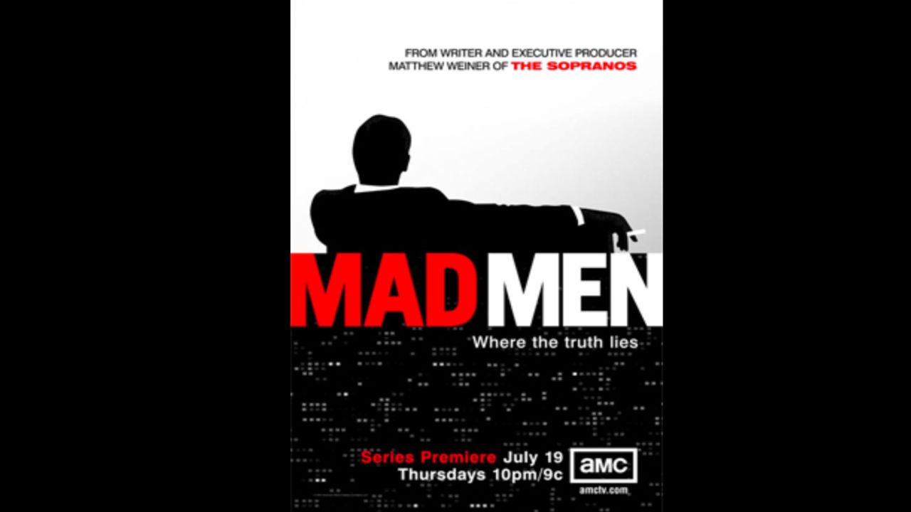 Black and white "Mad Men" advertising poster showing a silhouette of a man in a suit with his arm draped over a couch, red and white title text