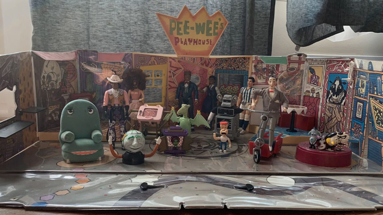 Pee-Wee’s Playhouse playset with detailed background, multiple character action figures, colorful furniture and props