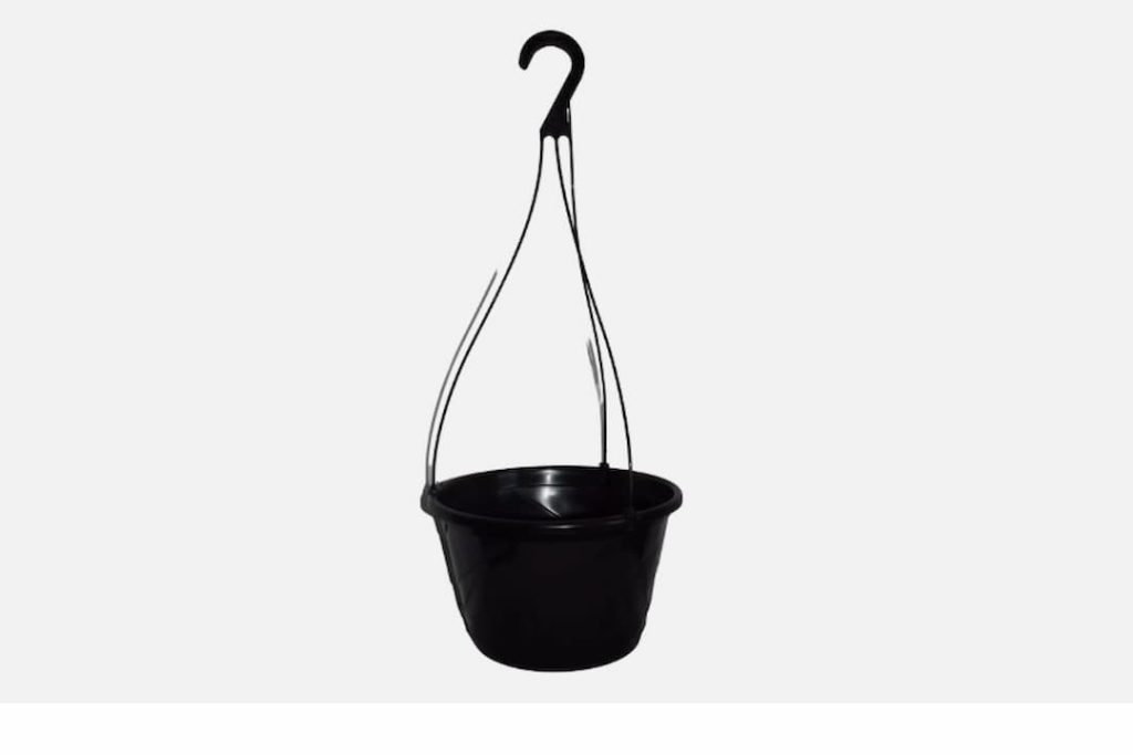 black plastic hanging basket, mesh design, attached to metal hook, lightweight material, used for storage or decoration