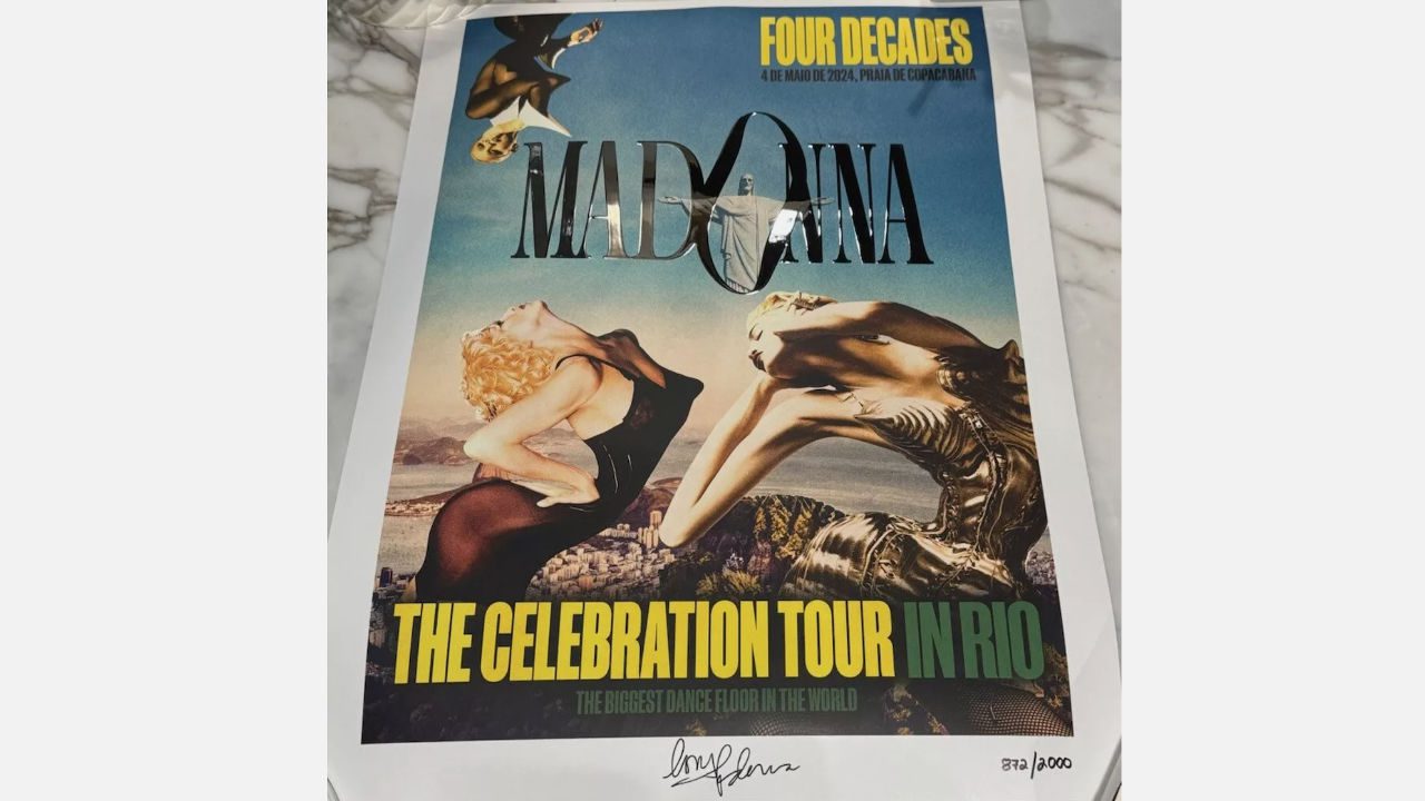 Signed Madonna “The Celebration Tour in Rio” concert poster featuring two Madonna poses and vibrant colors