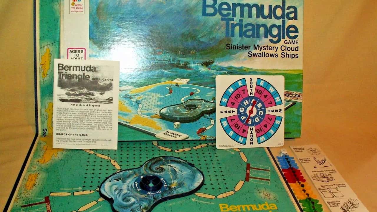 The Bermuda Triangle Game, vintage board game box, stormy ocean illustration, ships navigating rough seas, magnetic black cloud centerpiece, 1970s design, colorful game board and ship tokens