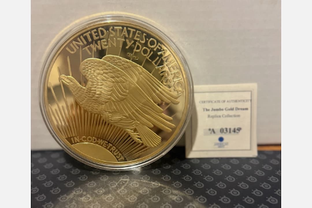 Displayed in a secure glass case at an auction, examined by a rare coin appraiser, featured in a financial history documentary, inherited by a collector from a family estate