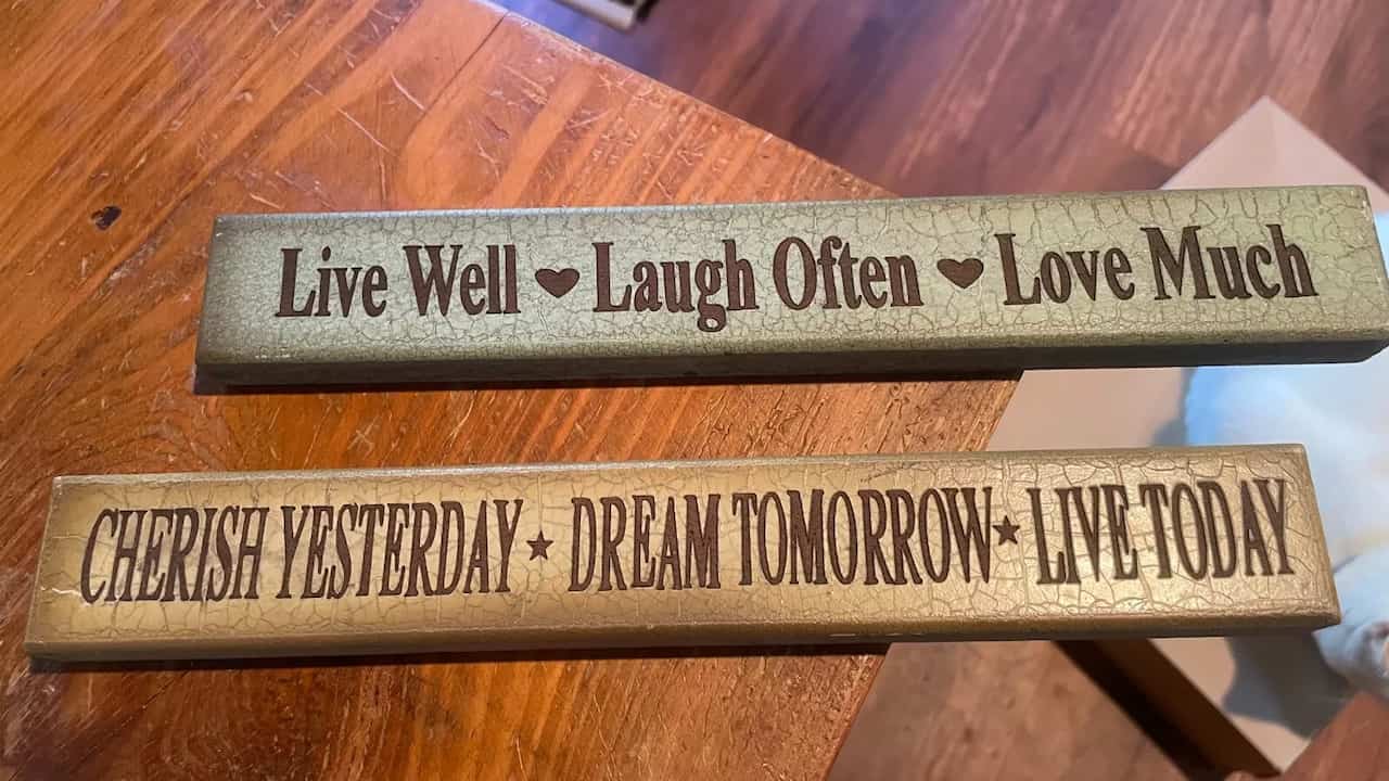 wooden small signs, rustic finish, engraved or painted text, natural wood grain, rectangular shape, tabletop or wall display