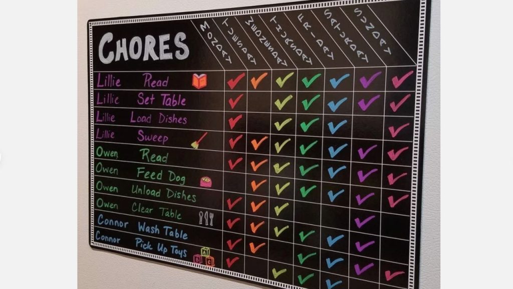 Colorful weekly chore chart with tasks assigned to Lillie, Owen, and Connor, each marked with checkmarks