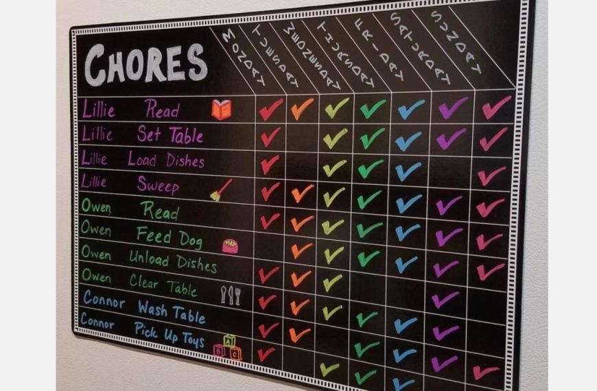 Colorful weekly chore chart with tasks assigned to Lillie, Owen, and Connor, each marked with checkmarks