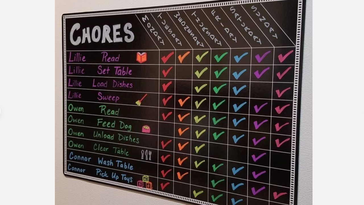 Colorful weekly chore chart with tasks assigned to Lillie, Owen, and Connor, each marked with checkmarks