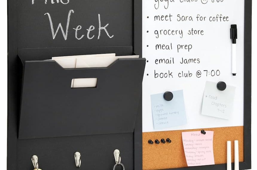 magnetic storage board, metal surface, attached magnets, holding notes and tools, mounted on wall, organized layout