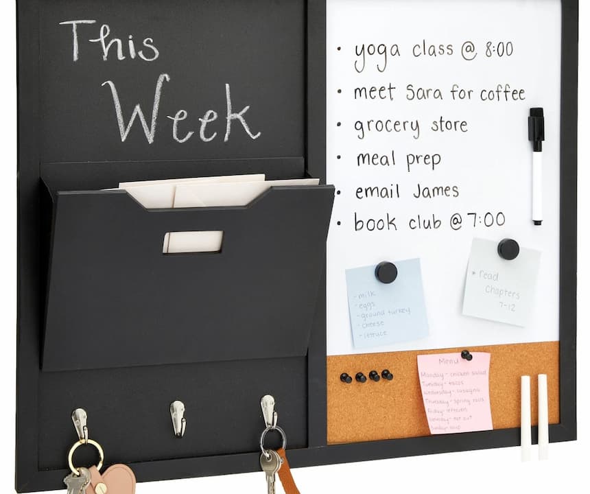 magnetic storage board, metal surface, attached magnets, holding notes and tools, mounted on wall, organized layout