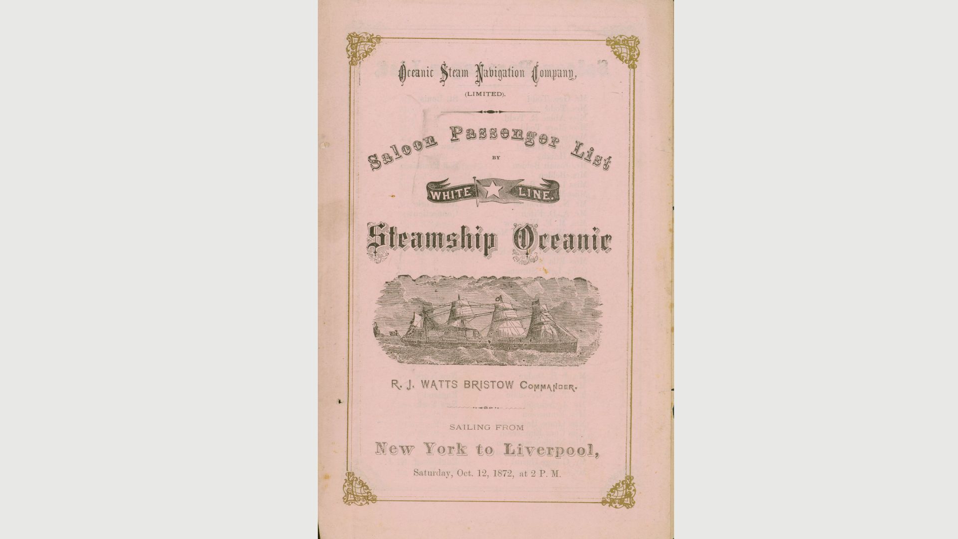 Title: Saloon passenger lists for White Star Line steamship Oceanic listing Todd and Keemle families from St. Louis, October 12, 1872