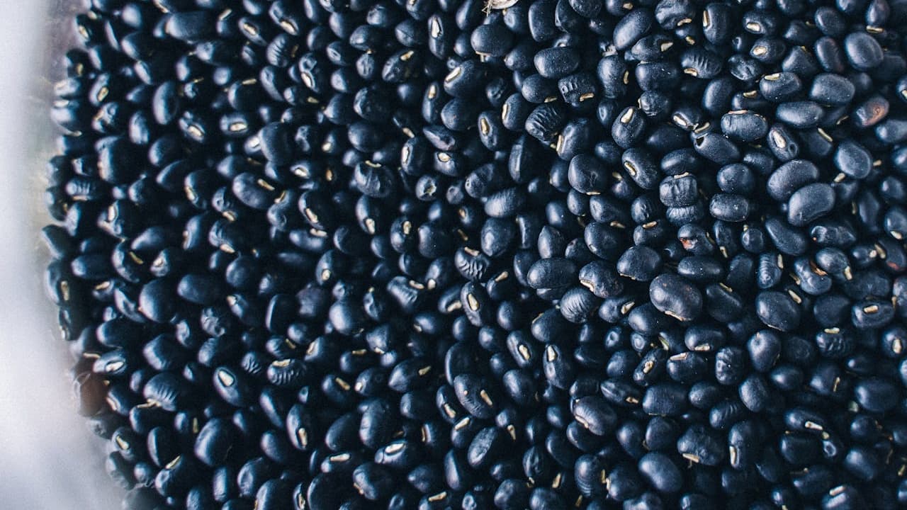 A close-up view of a large quantity of black beans, small, oval-shaped, glossy, densely packed together in a container