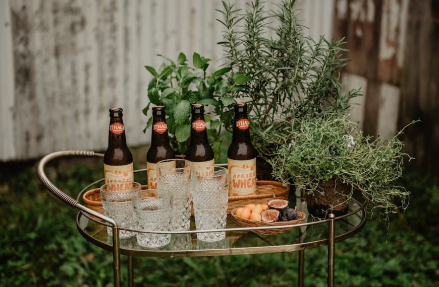 bar cart setup in a garden, wooden tray base, several bottles of dark glass drinks, two clear drinking glasses, surrounded by fresh green plants, rustic wooden background, soft outdoor lighting