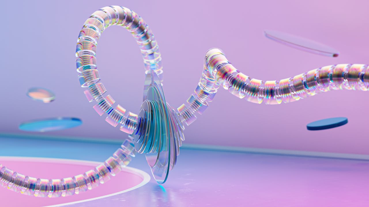 3D digital artwork, abstract metallic chains forming twisted loops, suspended in a pastel pink and blue gradient background, reflective surfaces with smooth lighting, futuristic and surreal design