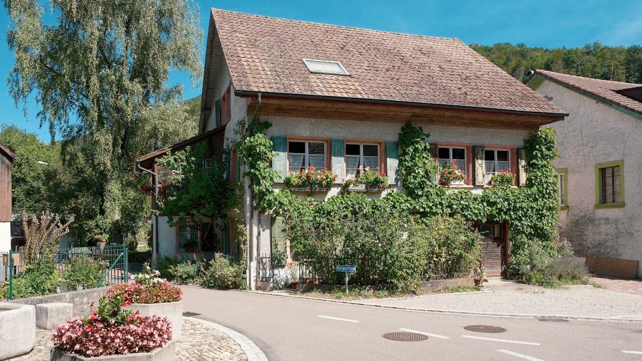 Charming European-style house with a sloped tile roof, wooden balcony, and green vines climbing the facade, surrounded by lush landscaping, flower planters, and a curved paved road under a clear blue sky