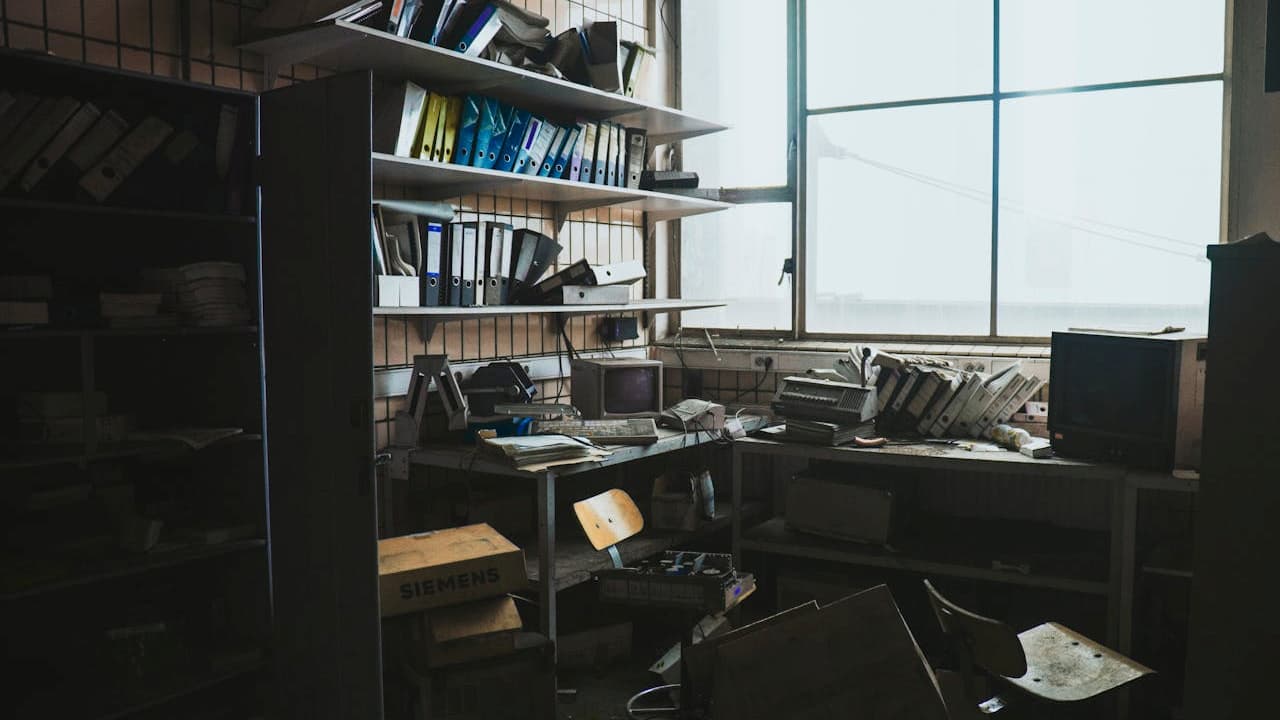 Clutter covering window, stacked boxes, plastic bins, old clothes, papers, and miscellaneous household items blocking natural light, dusty glass panes, partially drawn curtains