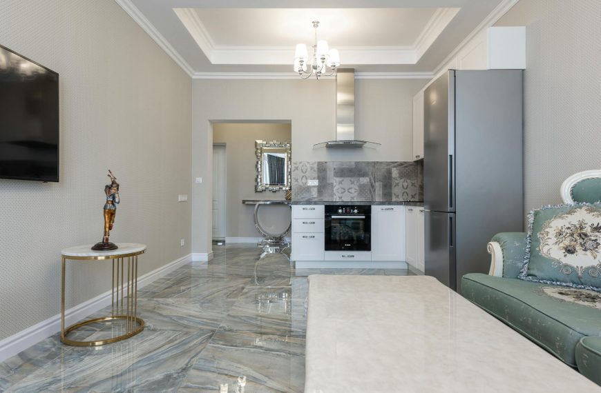 Modern room and kitchen interior with furniture at home