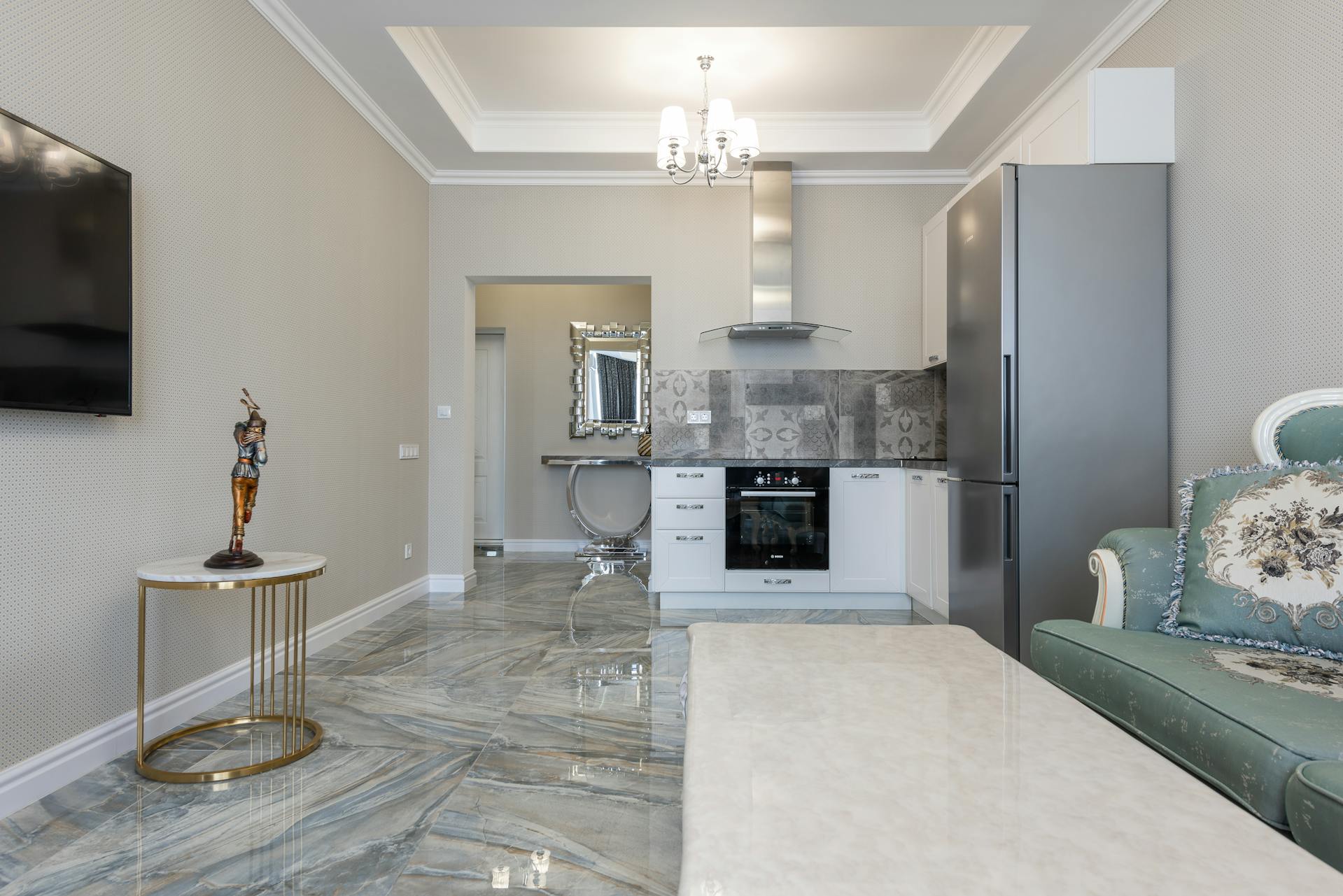 Modern room and kitchen interior with furniture at home