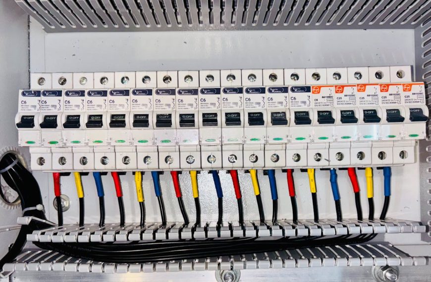 Electrical Circuit Breaker Panel with Color-Coded Wiring