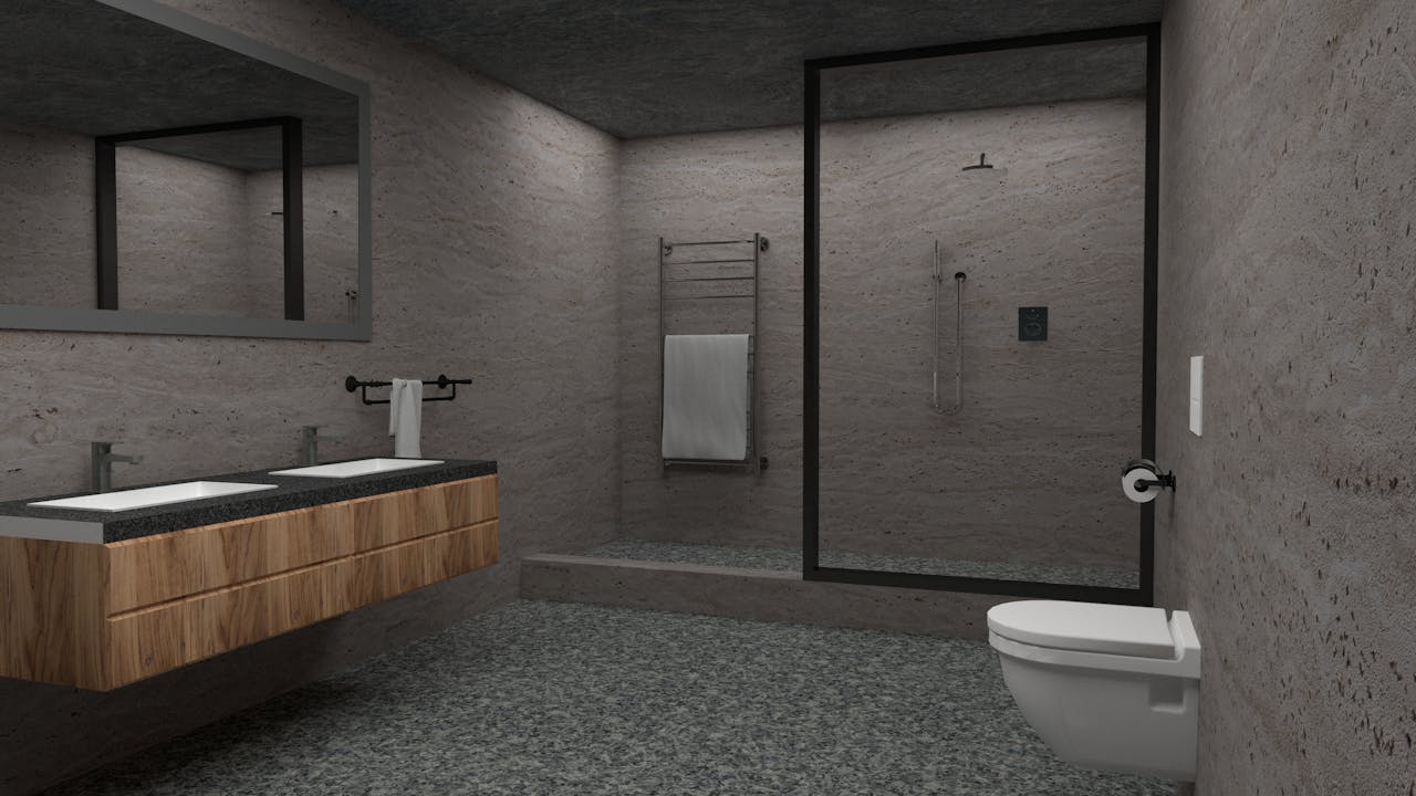 Gray Walled Bathroom with Brown Sink