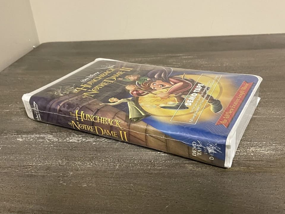 The Hunchback of Notre Dame demo VHS tape, white promotional label, Quasimodo on the cover, plain clamshell case, pre-release copy
