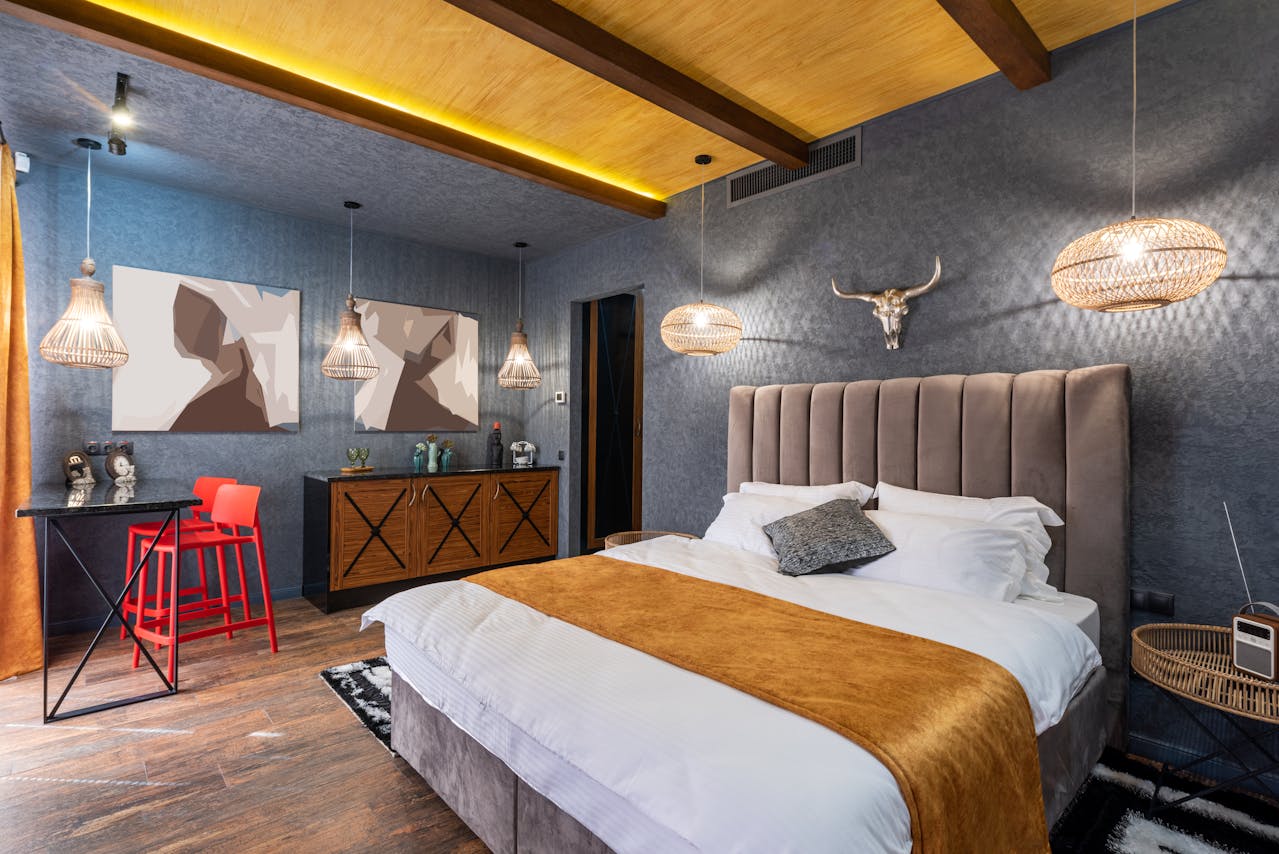 Modern bedroom interior with decoration and shiny lamps