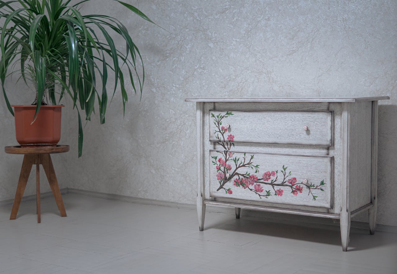 Vintage Floral Cabinet with Indoor Plant