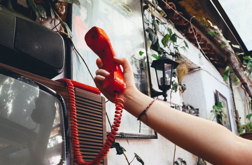 Close-up of a hand holding a nostalgic red phone in a vibrant indoor space filled with greenery.