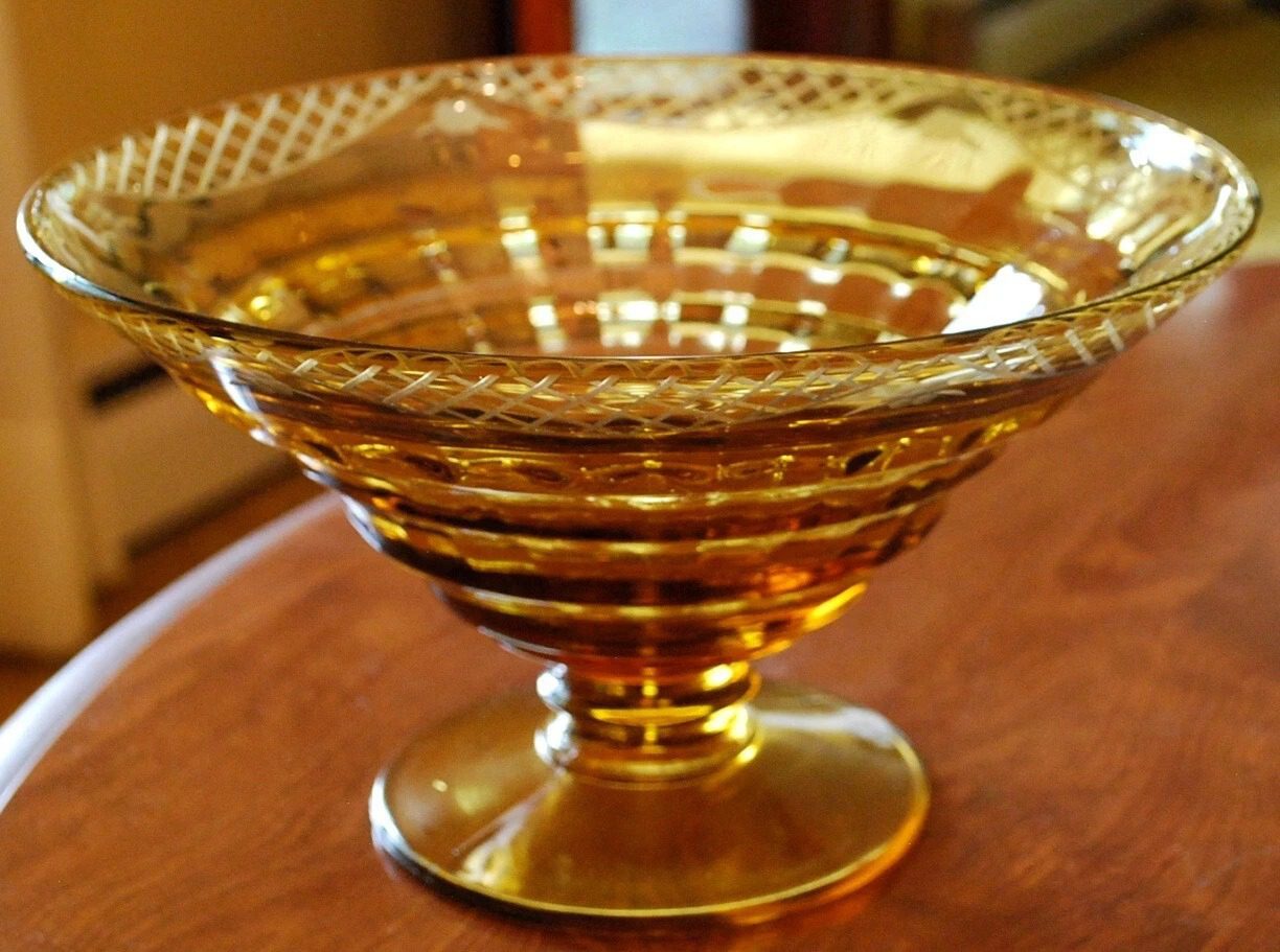 Vintage AMBER OPTIC Ripple Depression Glass PEDESTAL FRUIT BOWL Etched Floral LG