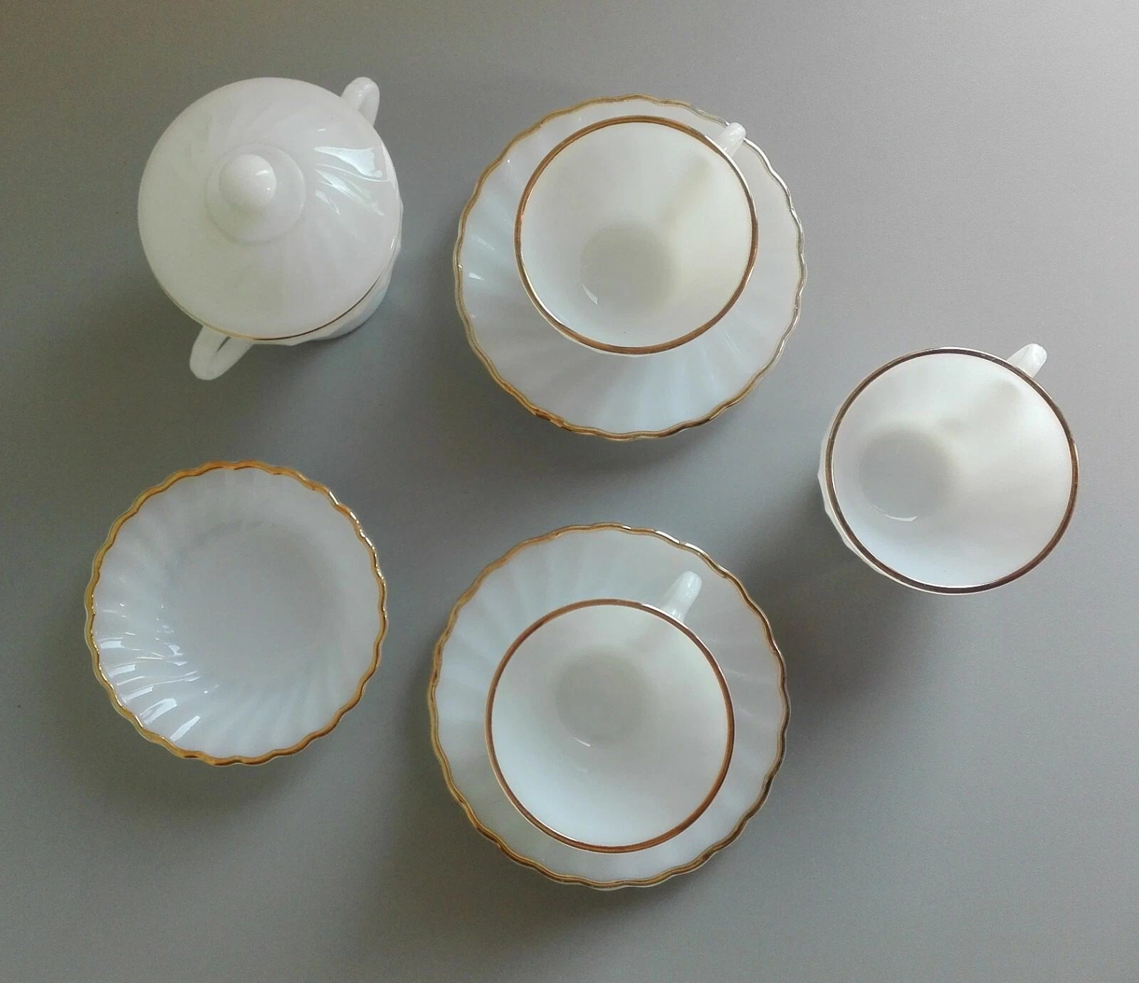 Vintage Anchor Hocking White Milk FIRE-KING Gold Trimmed Dinnerware Set