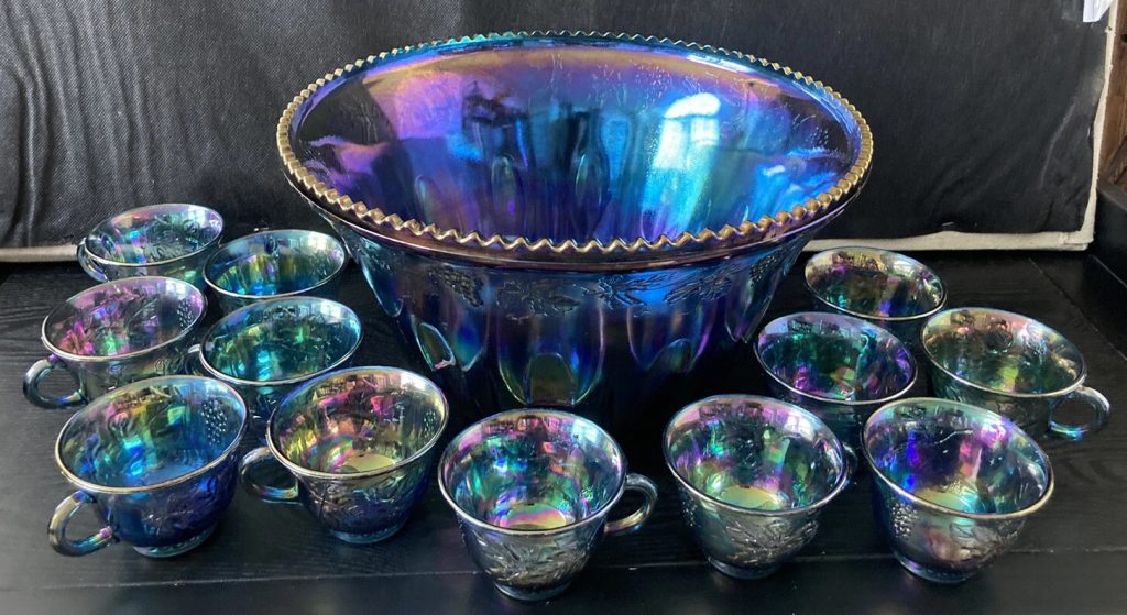 VINTAGE INDIANA GLASS IRIDESCENT BLUE HARVEST CARNIVAL GLASS PUNCH BOWL SET