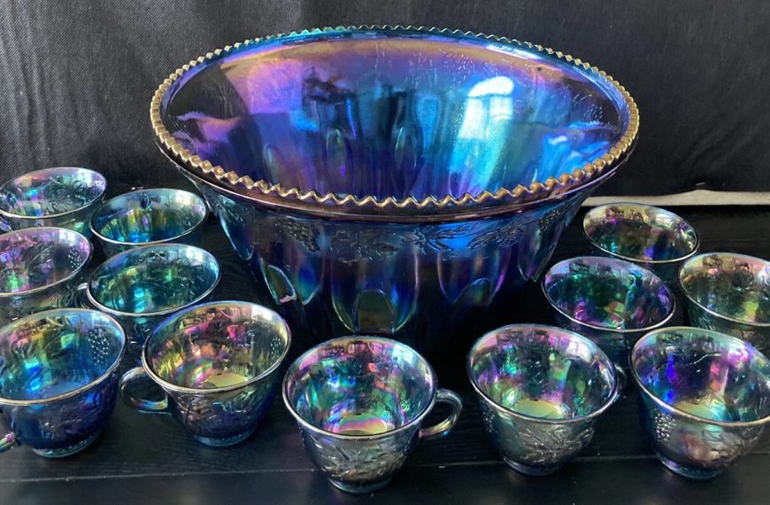 VINTAGE INDIANA GLASS IRIDESCENT BLUE HARVEST CARNIVAL GLASS PUNCH BOWL SET
