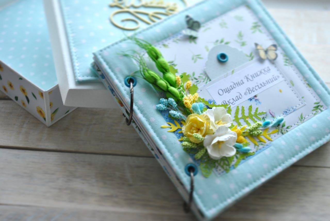 A Blue Photo Album with Floral Design and Butterflies