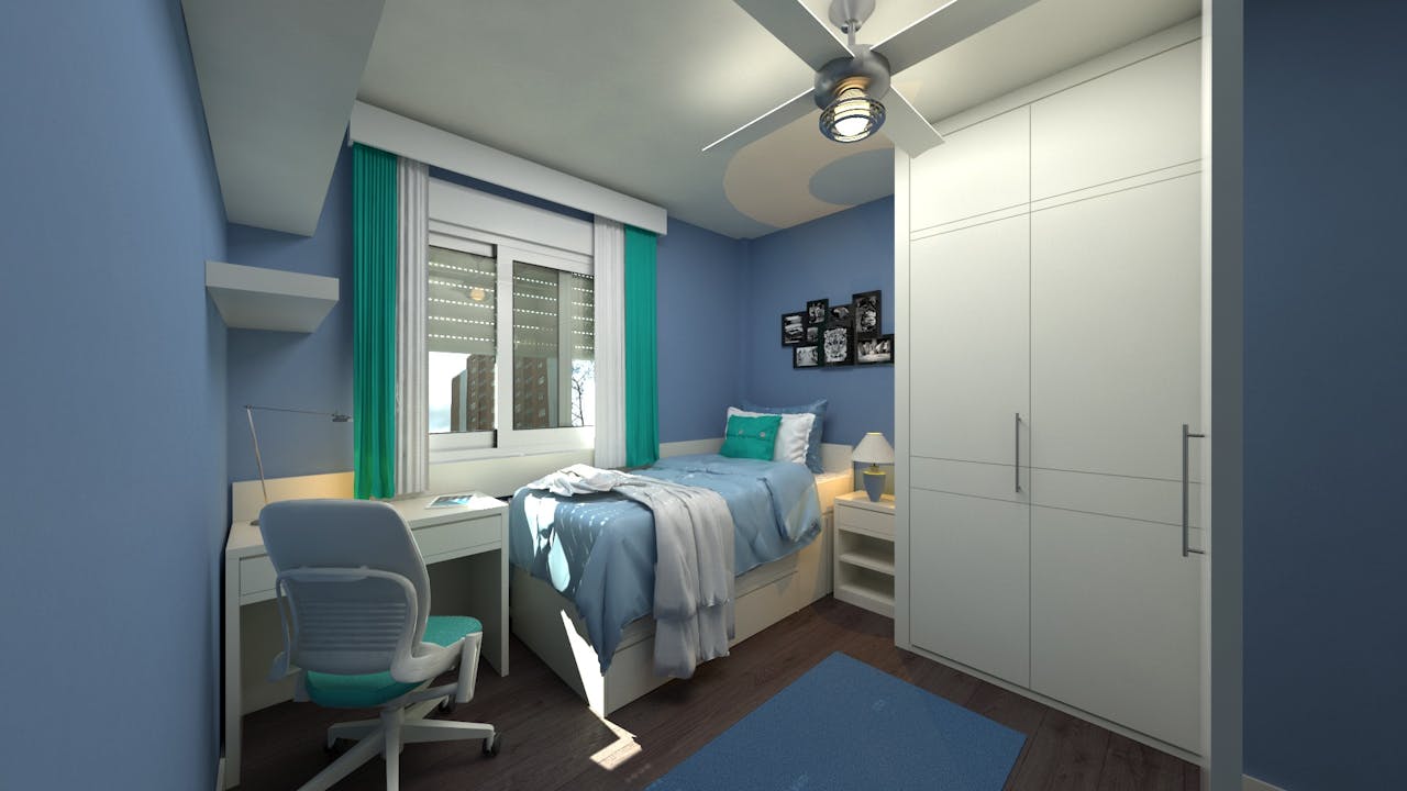 Rolling Chair in Front of Desk Beside Bed