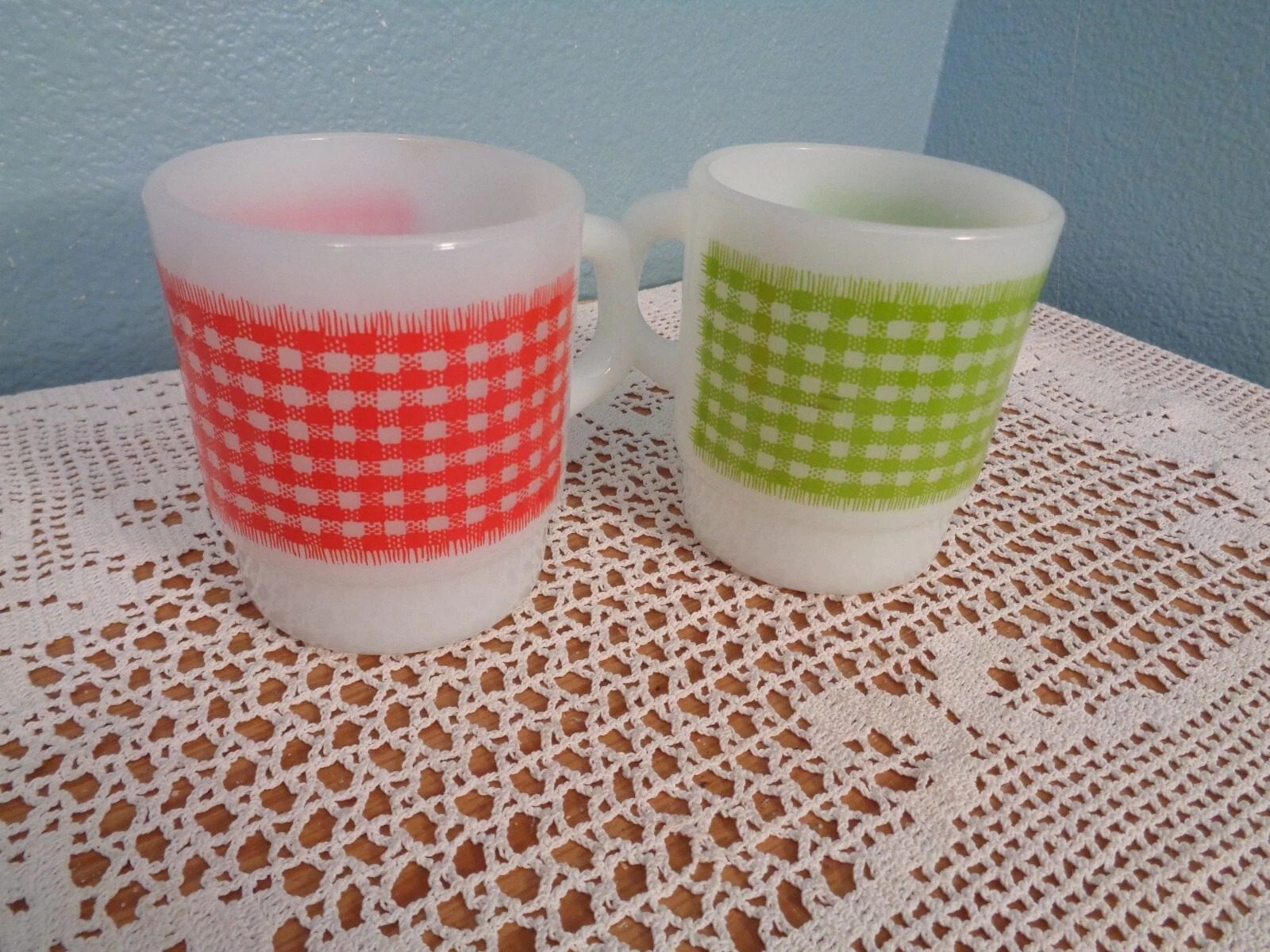 VINTAGE FIRE KING GINGHAM PLAID COFFEE MUGS STACKABLE
