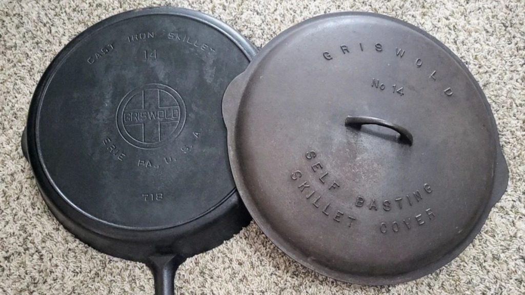 Vintage GRISWOLD #14 Cast Iron Skillet 718 with Self Basting Low Dome Cover/Lid