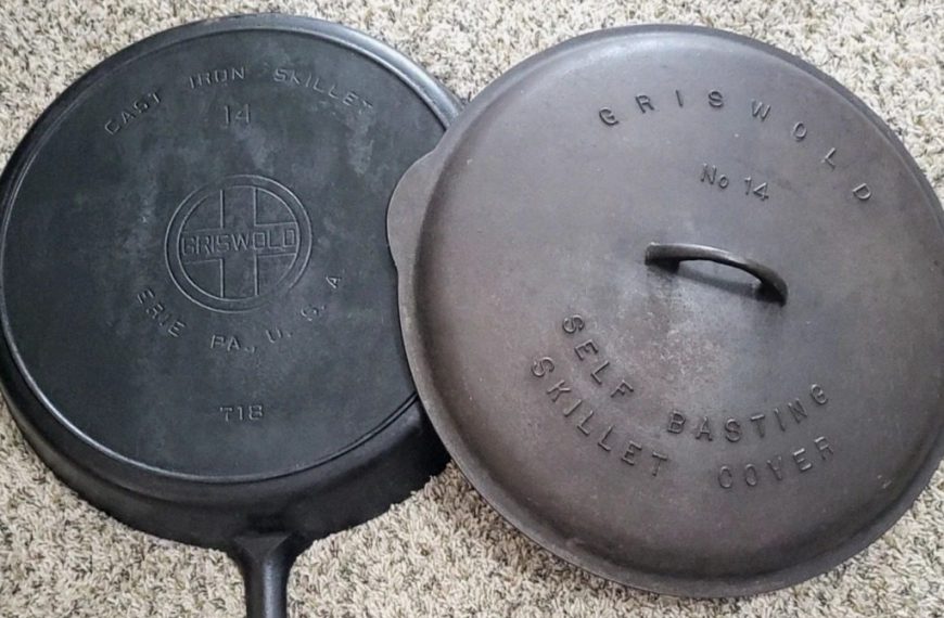 Vintage GRISWOLD #14 Cast Iron Skillet 718 with Self Basting Low Dome Cover/Lid
