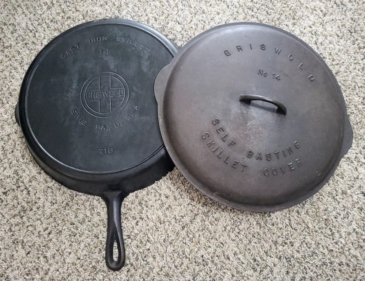 Vintage GRISWOLD #14 Cast Iron Skillet 718 with Self Basting Low Dome Cover/Lid