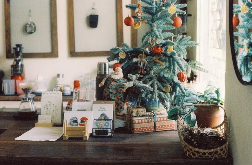 Christmas Tree and a Present on a Table