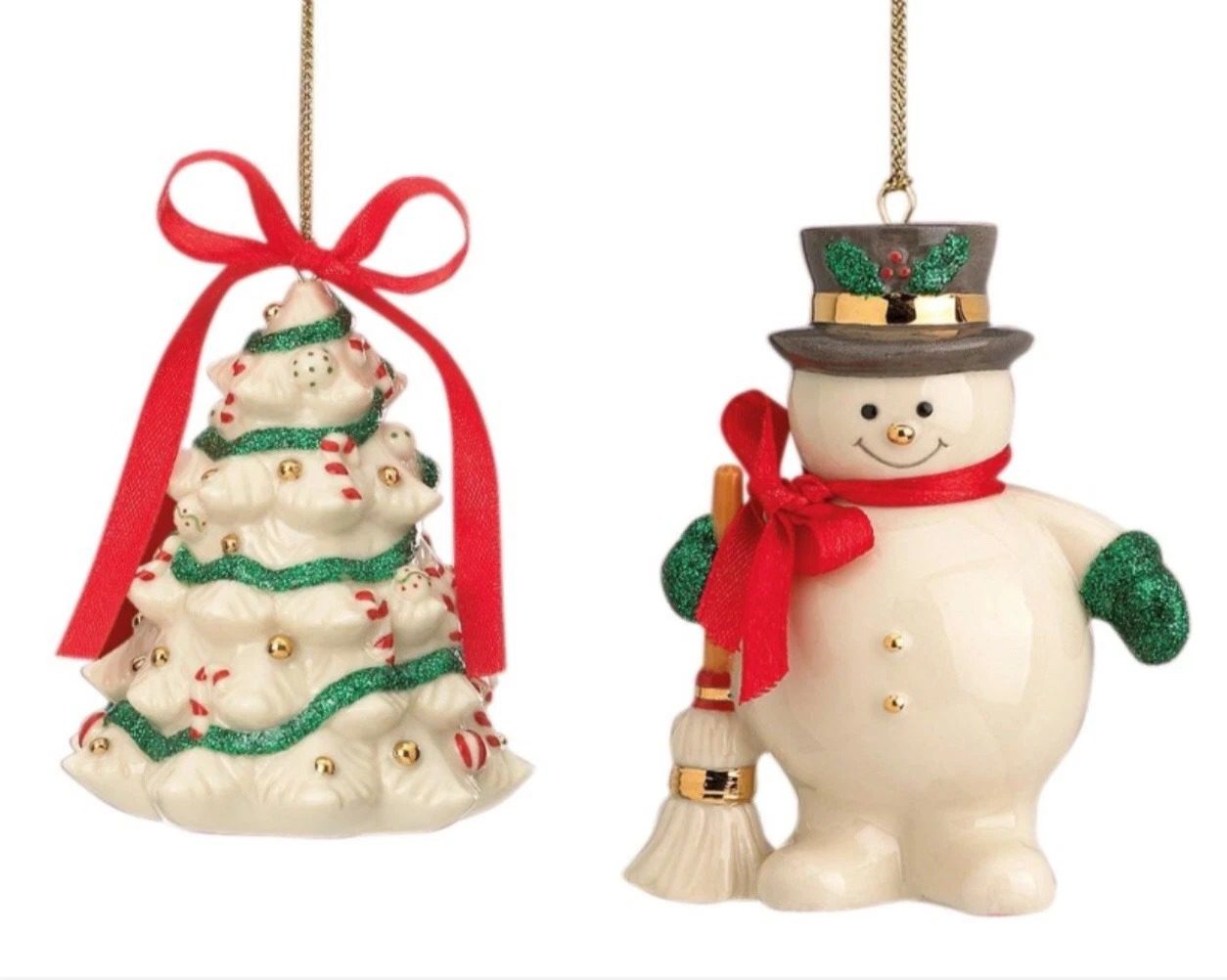 Lenox Holiday Ribbons Snowman and Christmas Tree Ornaments