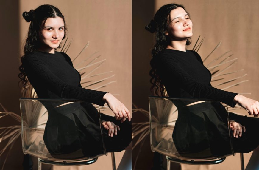 Woman posing sitting in a Lucite Acrylic chair