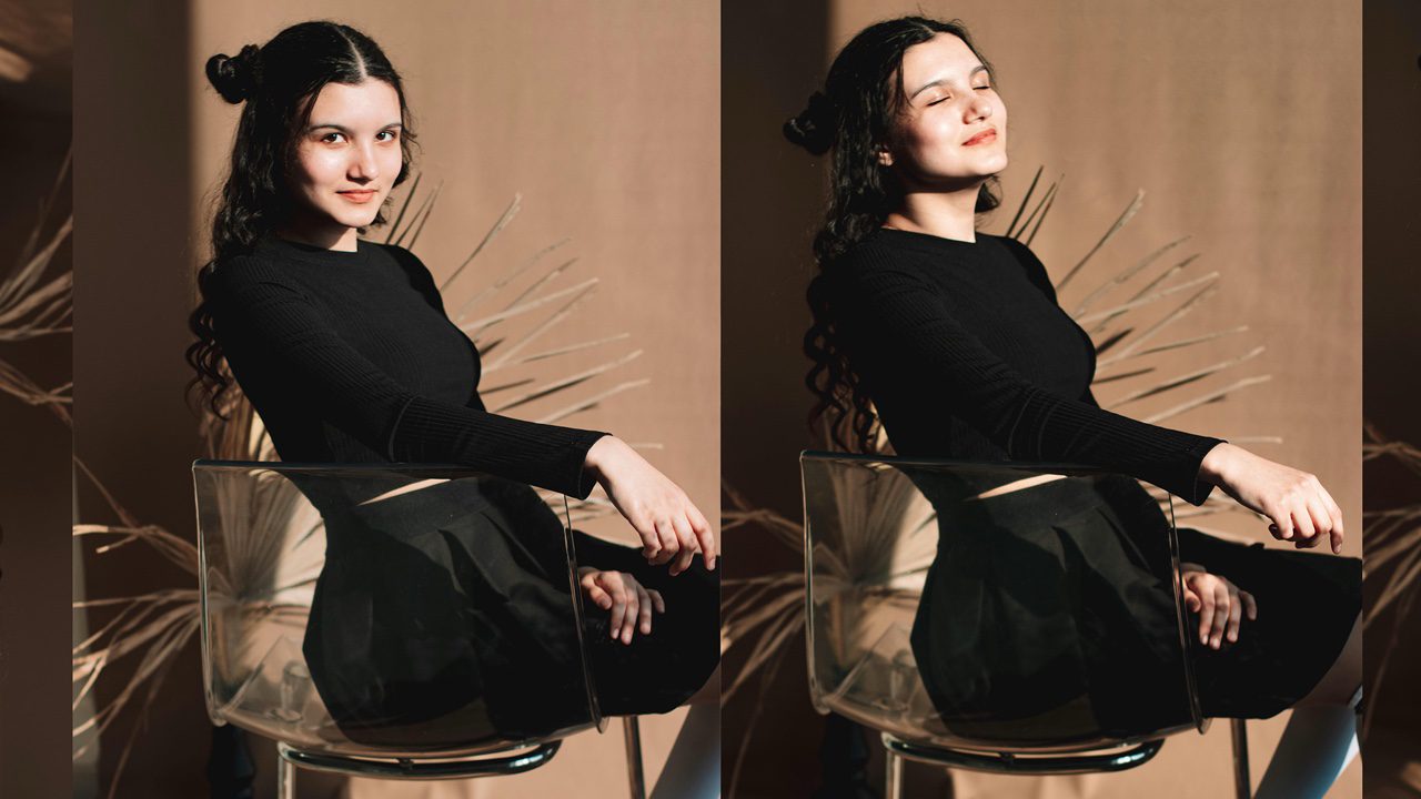 Woman posing sitting in a Lucite Acrylic chair