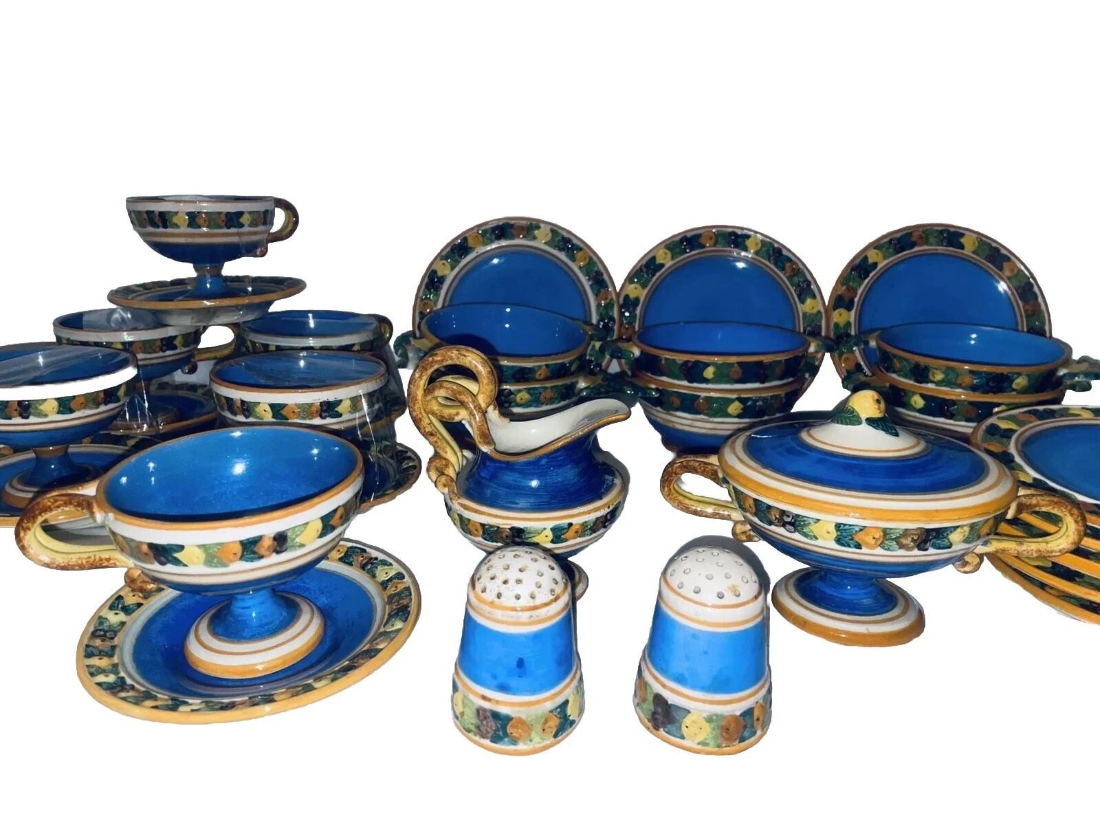 33 ANTIQUE VINTAGE MAJOLICA Blue Floral Dishes, Set CERAMIC POTTERY Italy