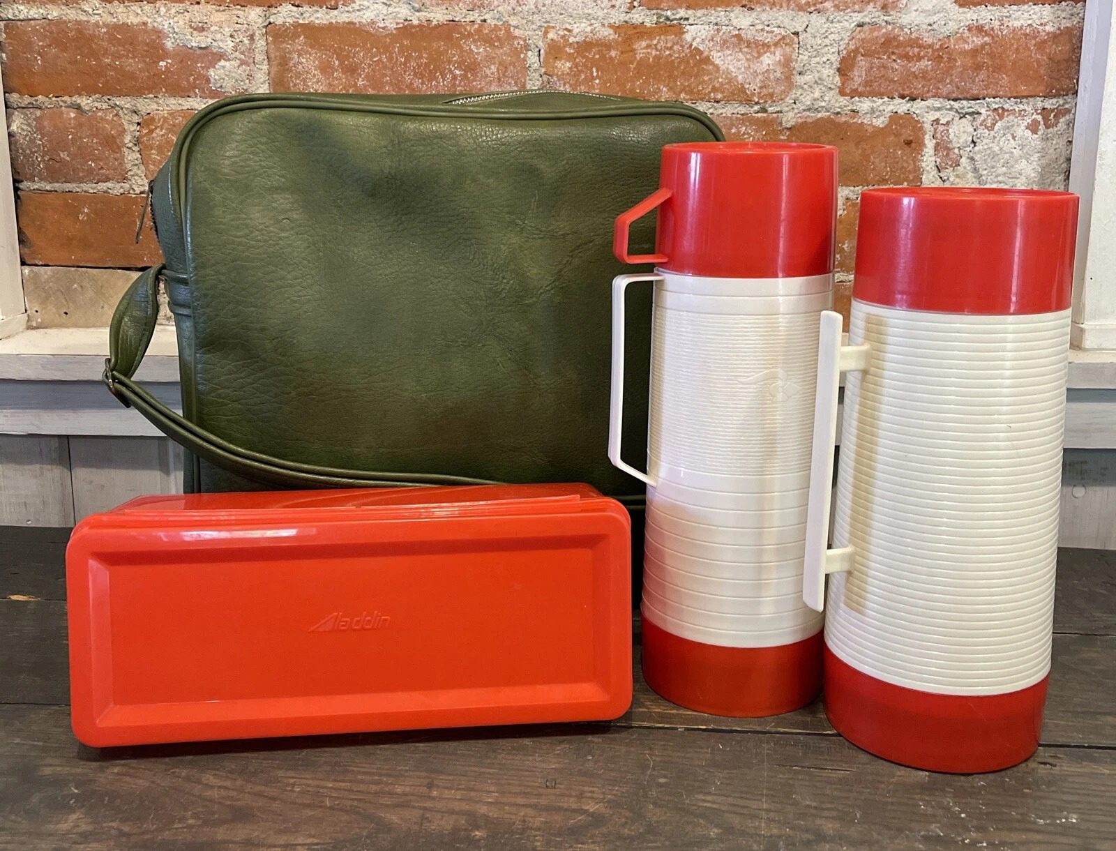 Vtg Mid Century Aladdin Picnic Set ~ Avocado Green Bag w/ 2 Thermos & Lunch Box