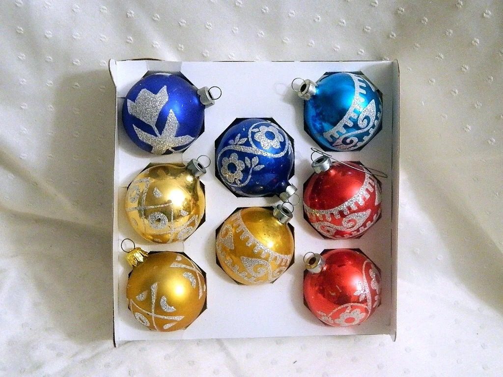 8 Vintage Glass Ball Ornaments by Bradford Novelty Co Hand Decorated Glass