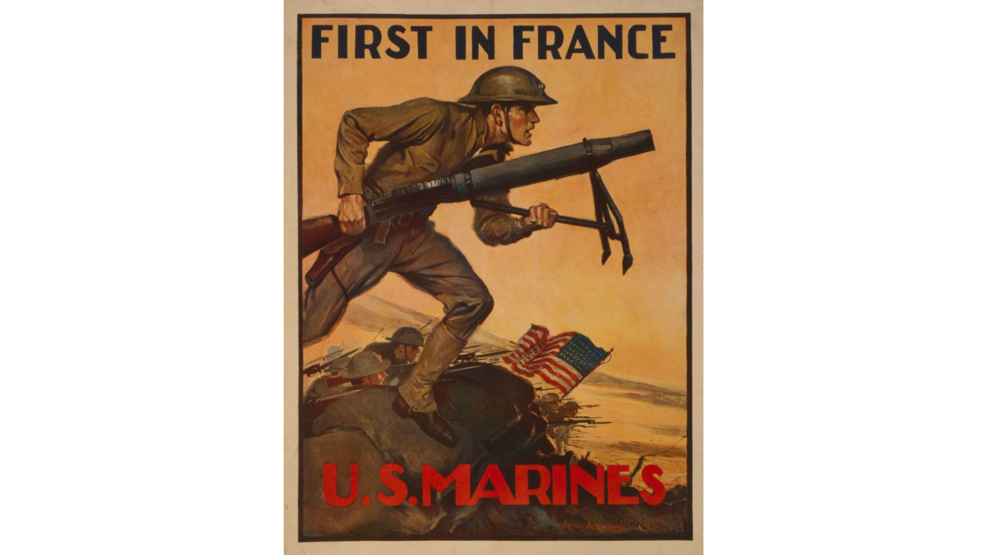 World War 1. First in France--U.S. Marines. 1917 recruiting poster showing a Marine carrying a mortar into combat. A symbolic group of Marines arrived in France in July 1917, but most American soldier