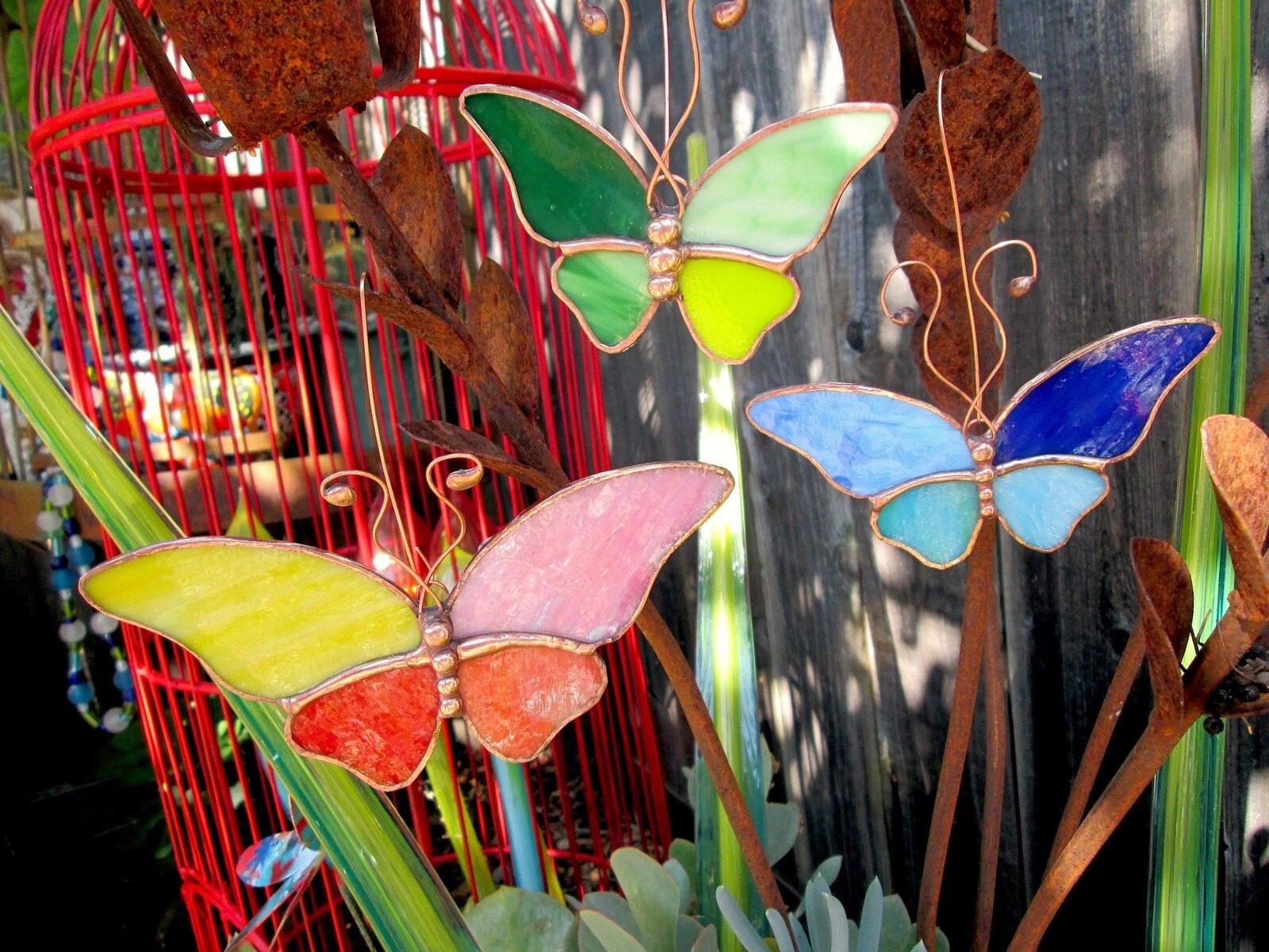 Stained Glass Butterfy Garden Stakes Stems (x3 Mulitcolor) Suncatchers Gifts