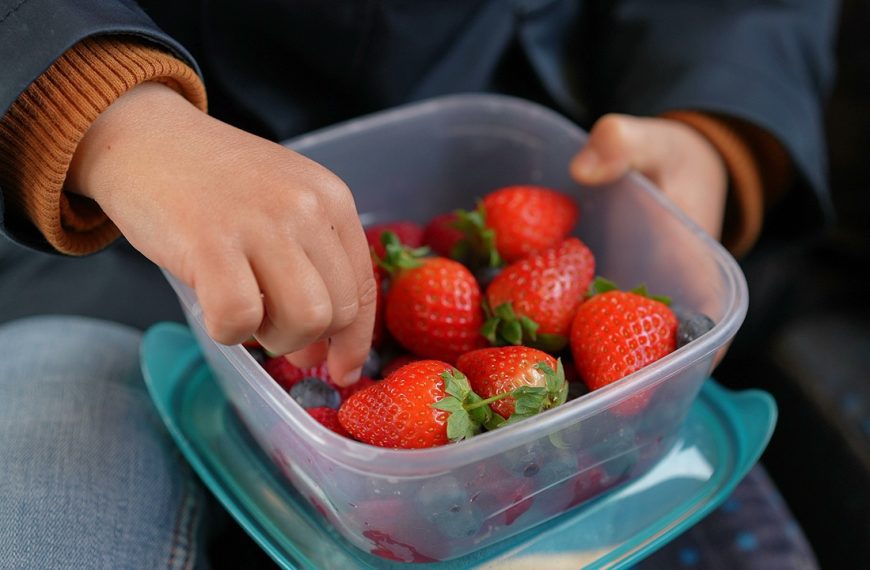 Child snacking berries while holding plastic tapperwear on the go. Little boy hand picking blueberry in the midst of strawberries eating healthy fruit wearing scarf and jacket