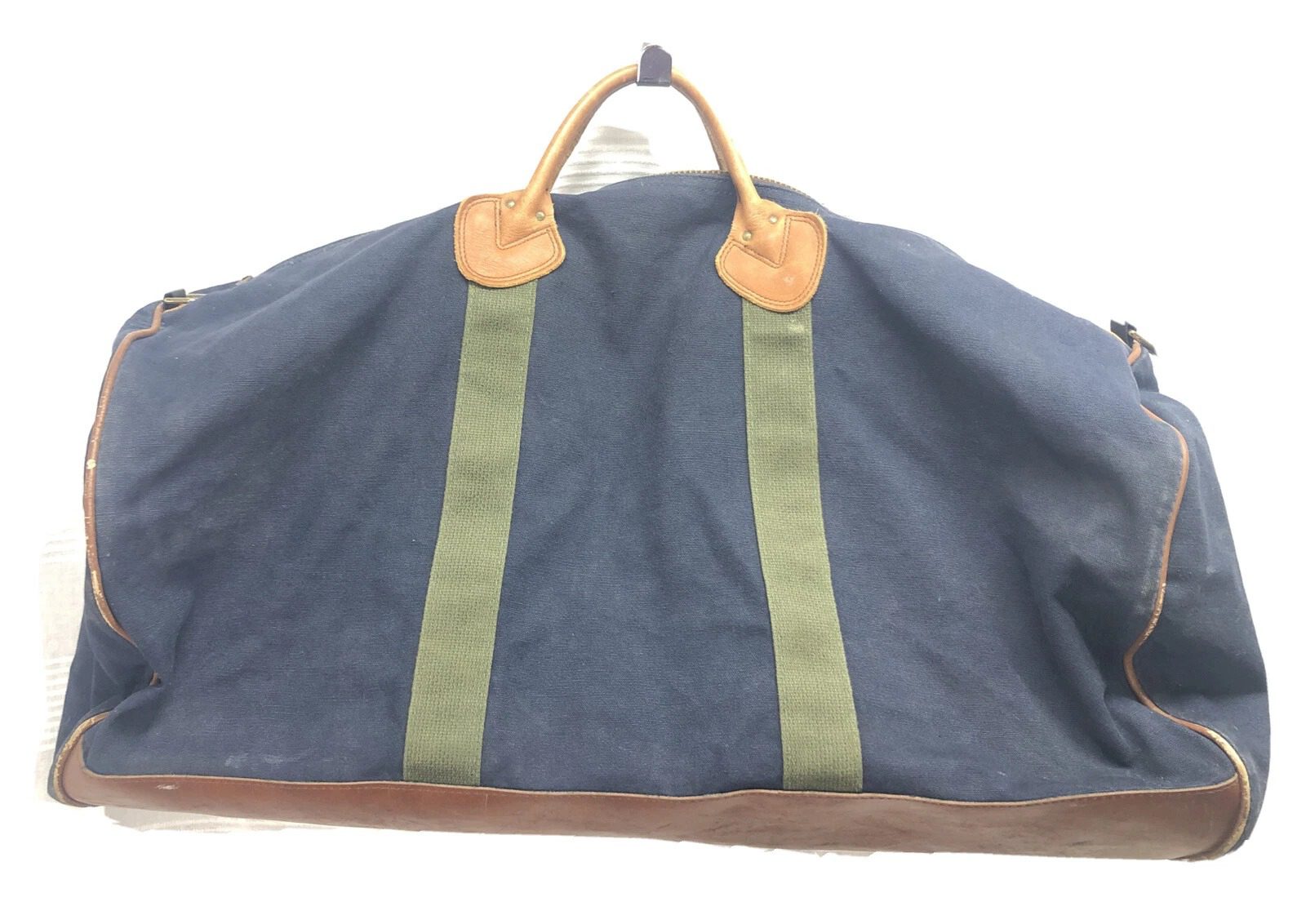 Vintage LL Bean Canvas And Leather Men’s Travel Duffle Bag Blue / Green 24”