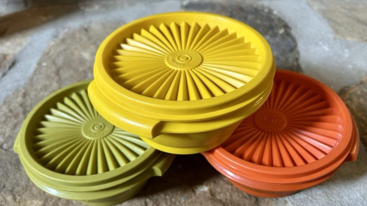 Vintage Tupperware Servalier Bowls w/Lids, Orange, Yellow, Green, 1970s, Three